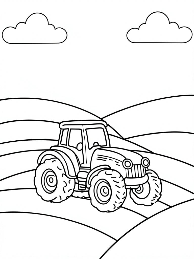 A black and white line drawing of a tractor on a road with hills and clouds.