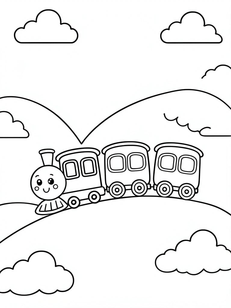 A black and white line drawing of a smiling train engine pulling passenger cars along tracks with hills and clouds.
