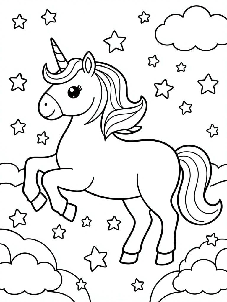 Coloring page of smiling unicorn prancing amid stars and fluffy clouds