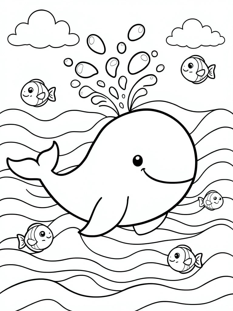 A simple line drawing shows a large whale with fish, bubbles, and ocean waves.