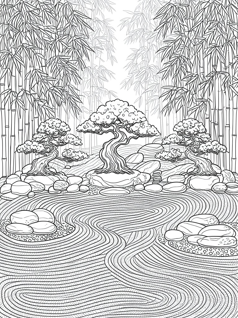 Line art coloring page of a bamboo forest with twisted trees on rocks and a foreground of wavy curved lines.