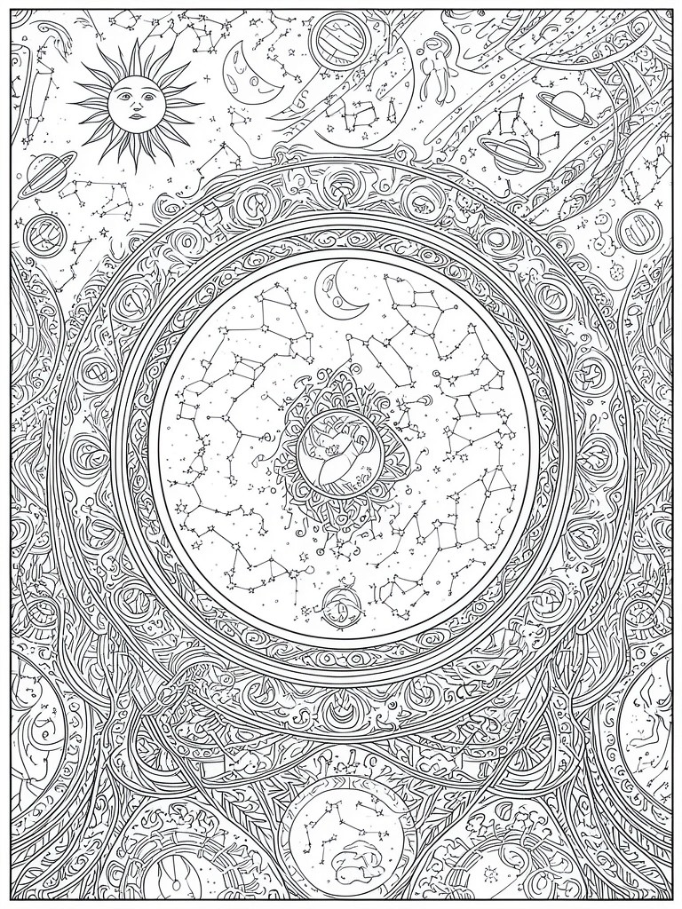 A black and white coloring page with a large central circle of constellations inside ornate frames, surrounded by planets, stars, a sun, a moon, and decorative space elements.