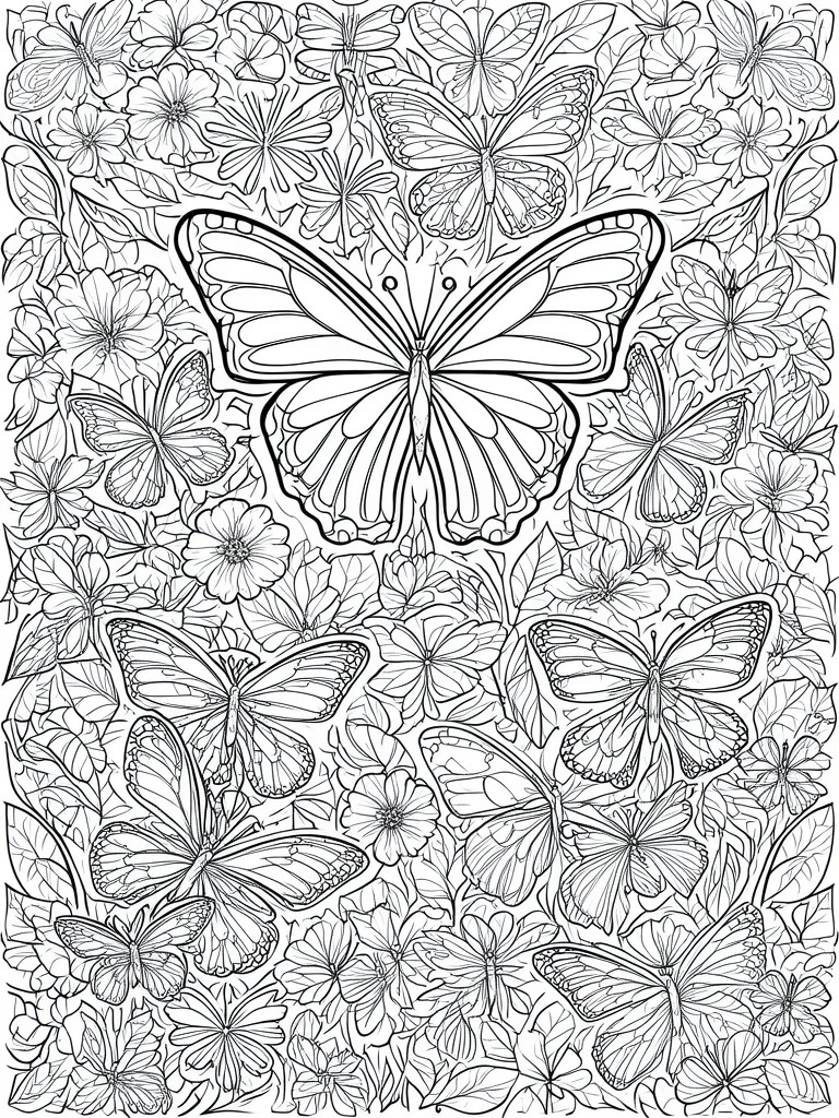 A black and white coloring page with one large central butterfly, multiple smaller butterflies, and dense flowers and leaves filling the background.