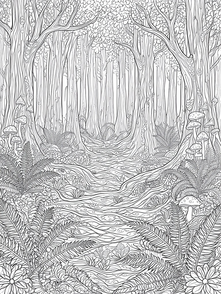 A black and white line drawing of a forest scene with tall trees, a winding path, ferns, mushrooms, and flowers.