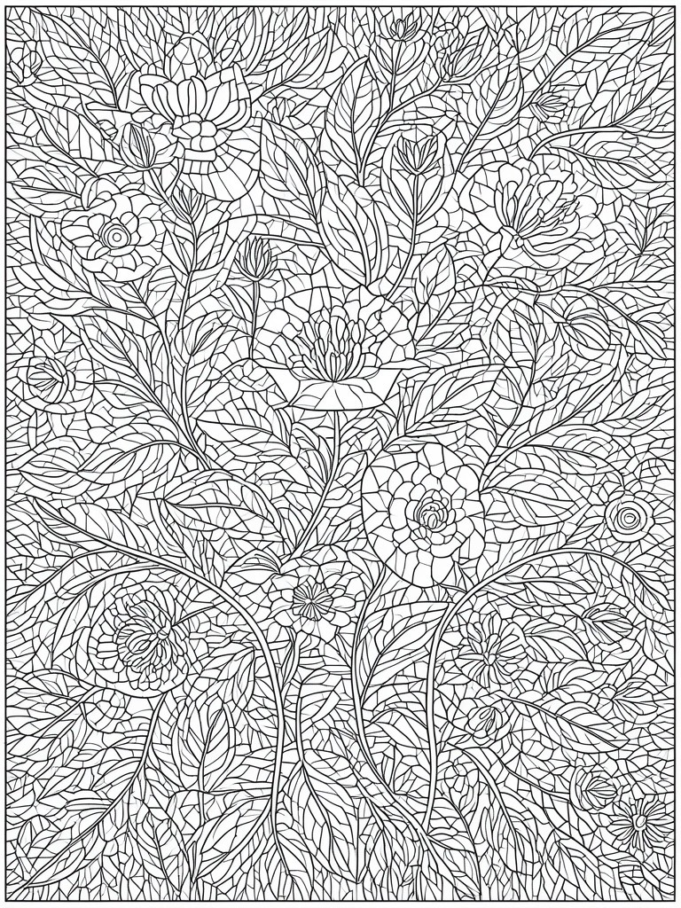 A black and white line drawing of a dense garden filled with various flowers, buds, leaves, and stems in an intricate stained-glass style pattern.