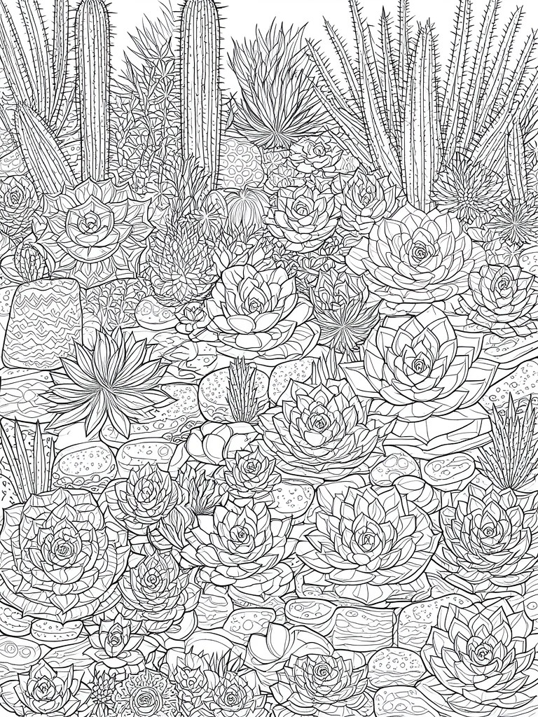 A black and white line drawing of a garden filled with various succulents, cacti, and patterned rocks.