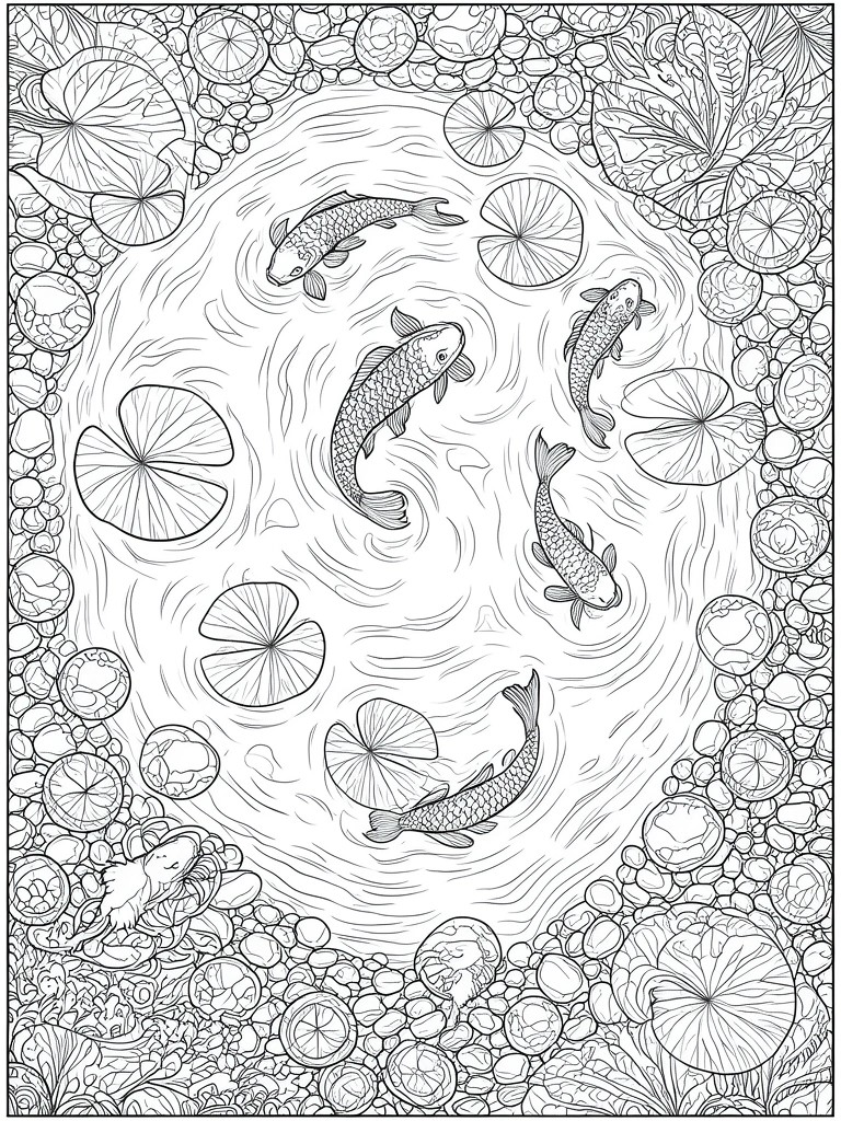 Black and white line drawing of koi fish swimming among lily pads in a pond.