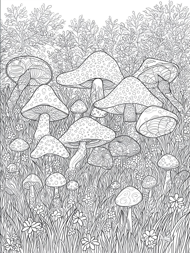 Detailed line art of assorted mushrooms amid grass, flowers, and foliage.