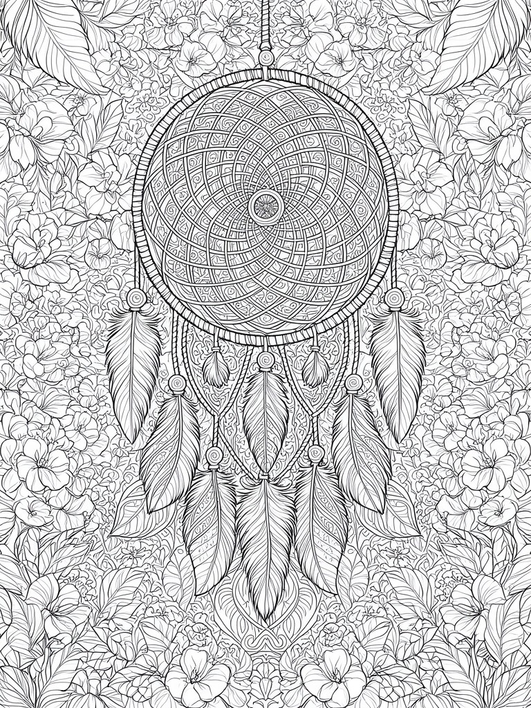 Intricate black-and-white dreamcatcher with feathers amid dense floral patterns.