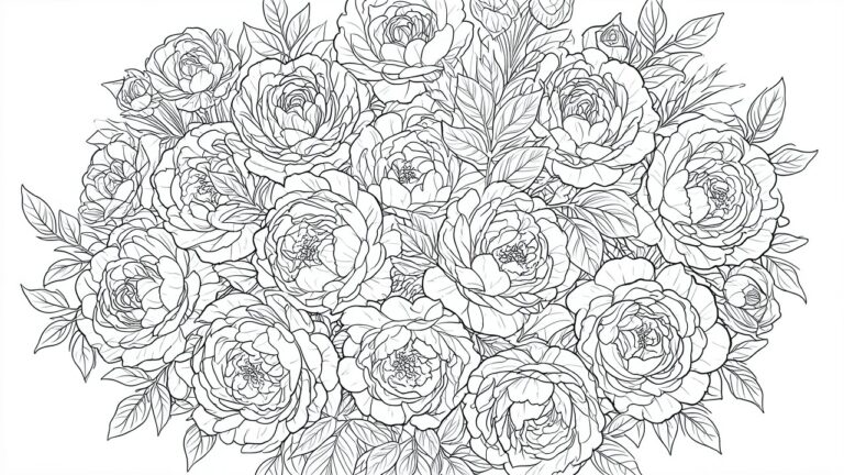 25 Beautiful Detailed Coloring Pages for Long, Immersive Coloring Sessions A black and white line drawing of many overlapping peony flowers with detailed petals and leaves filling the page.
