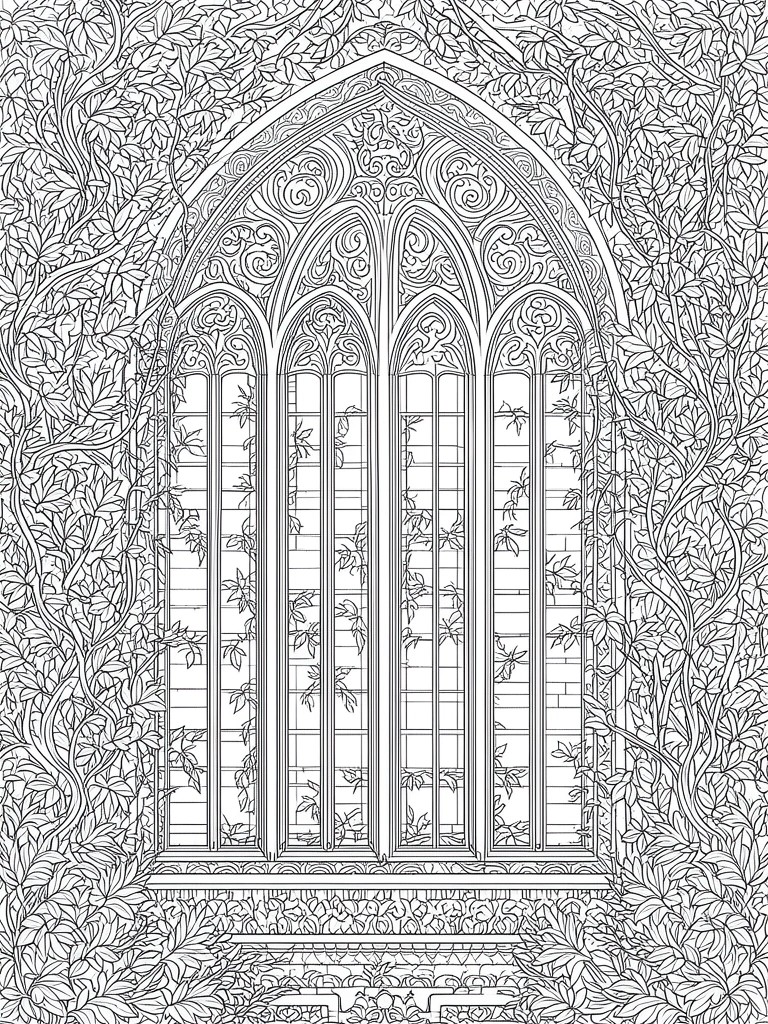 Ornate Gothic arched window with intricate tracery, framed by dense leafy vines in black and white.