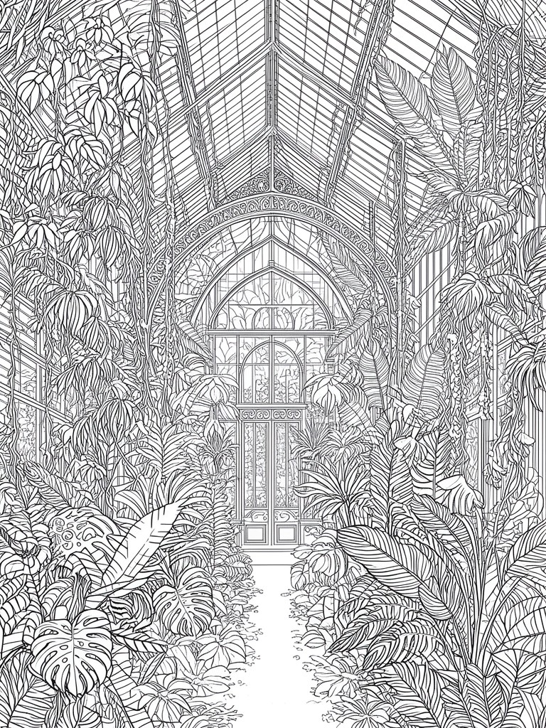 Black and white line art of lush greenhouse with arched glass doors and foliage