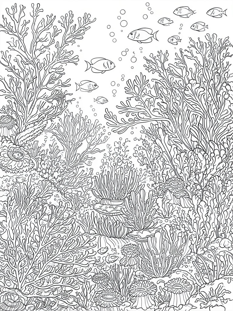 Detailed black-and-white line art of coral reef with fish and rising bubbles.