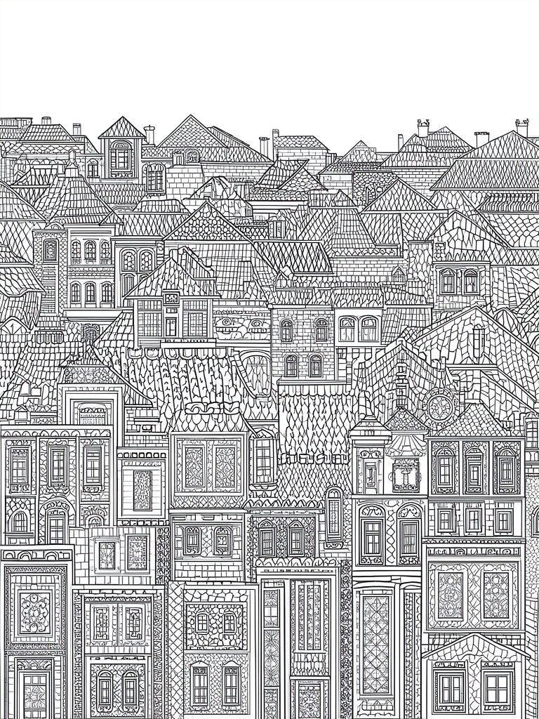 Intricate black-and-white line drawing of densely packed buildings with ornate windows and roofs.