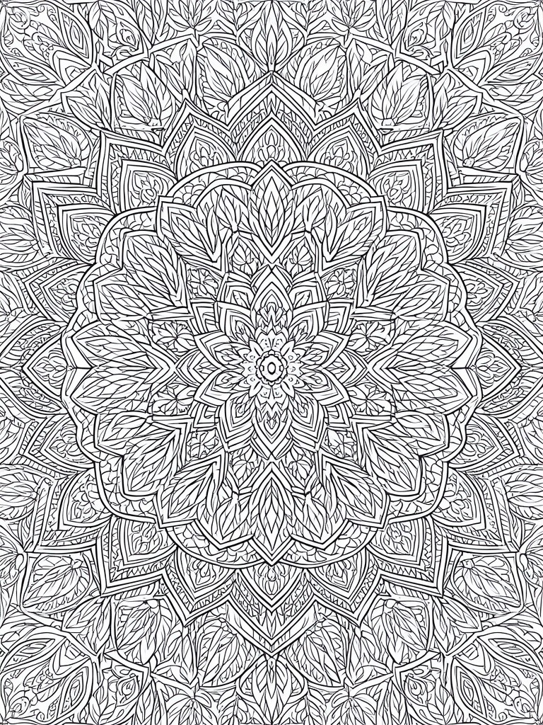 Intricate black-and-white mandala with layered floral and leaf patterns.