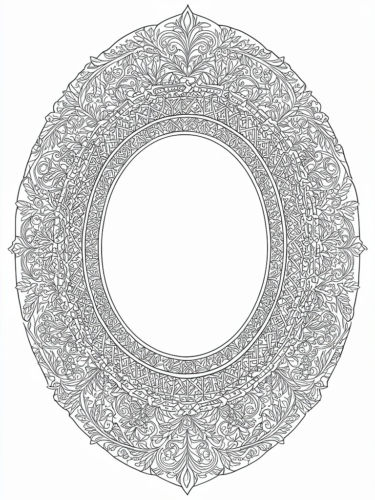 Ornate oval frame with intricate black-and-white floral and geometric patterns.