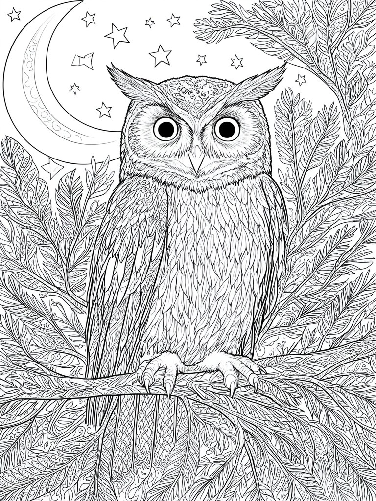 A black and white line drawing of an owl perched on a branch with leaves, a crescent moon, and stars in the background.