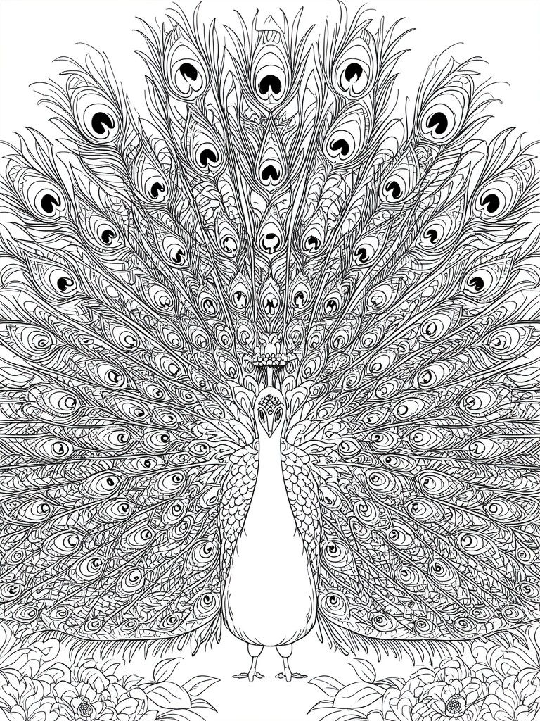A black and white line drawing of a peacock facing forward with its tail feathers fully fanned out in detailed patterns and eye spots, plus flowers along the bottom.