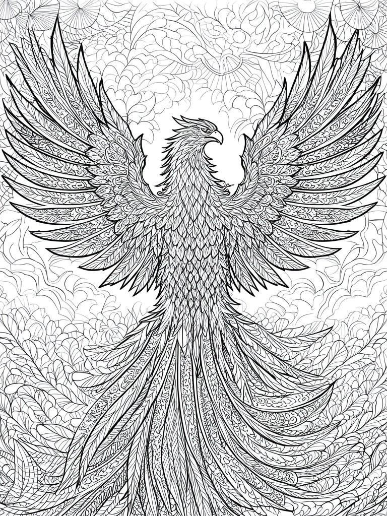 Intricate line art of a phoenix with spread wings and ornate patterned feathers