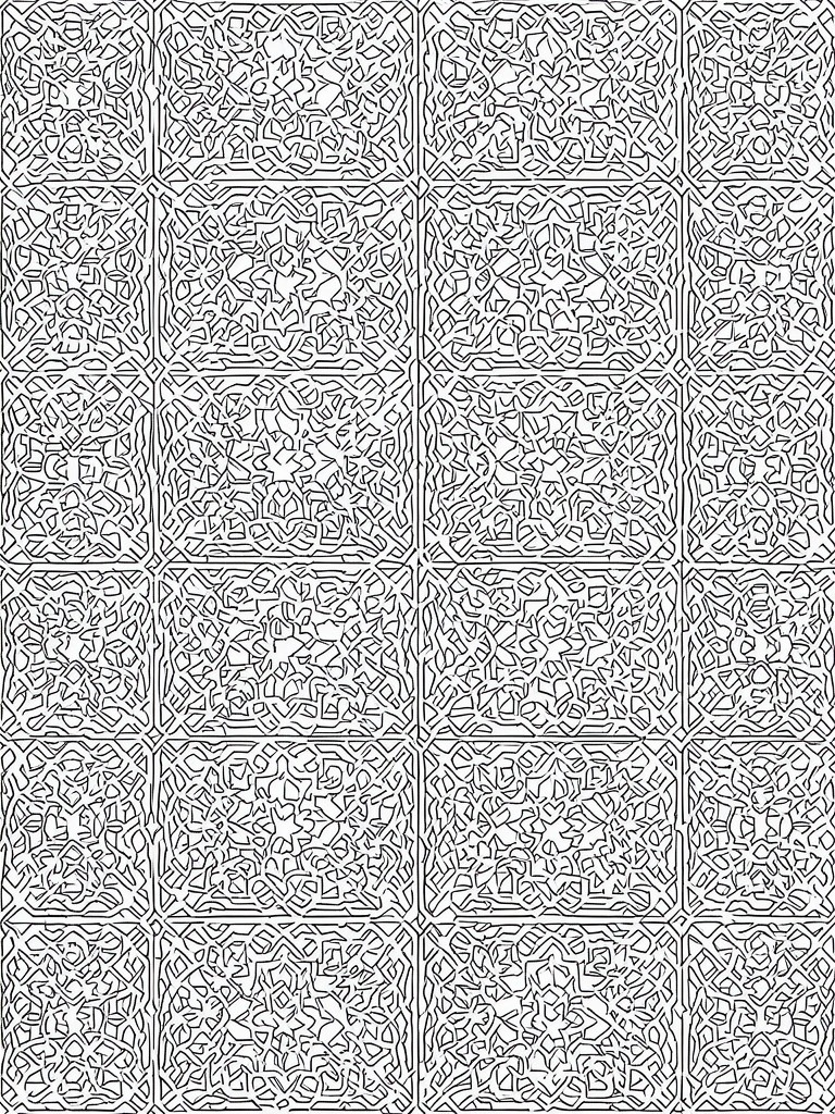 Complex black-and-white geometric patterns filling a grid of squares