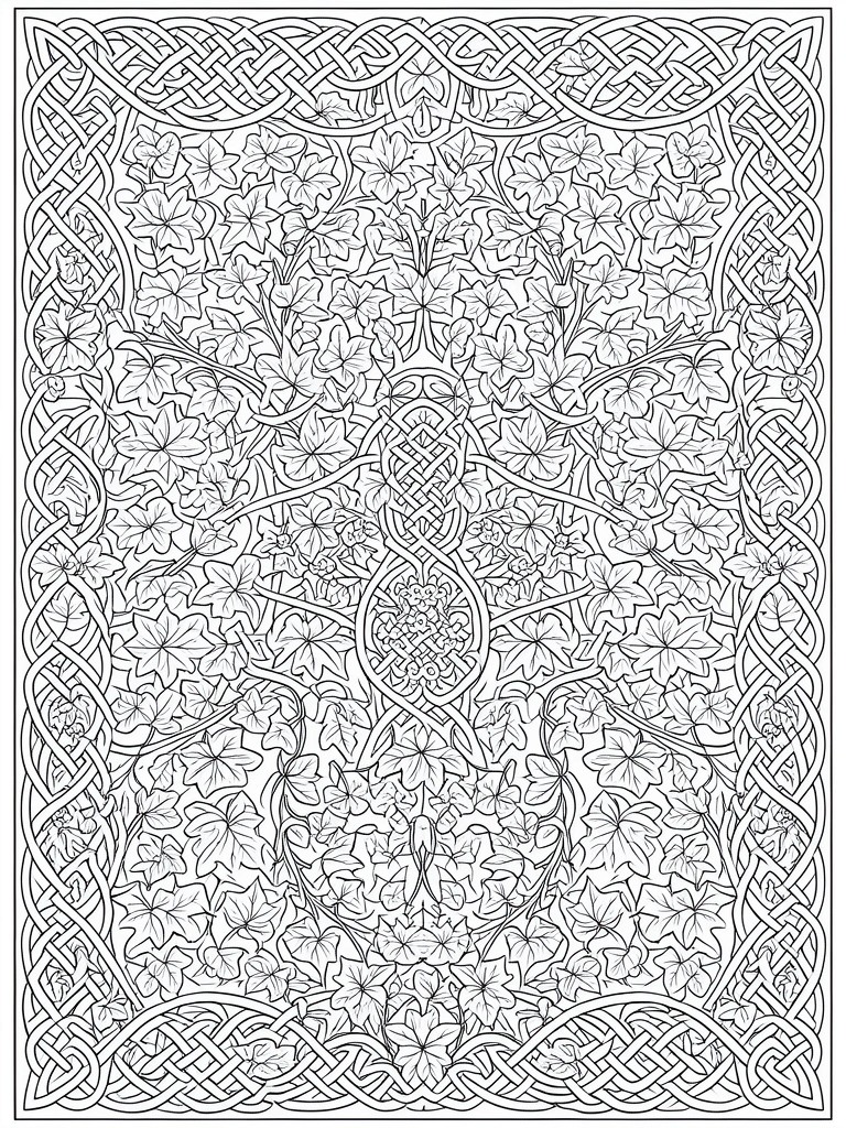 Intricate black and white Celtic knots framing dense ivy leaves and vines.