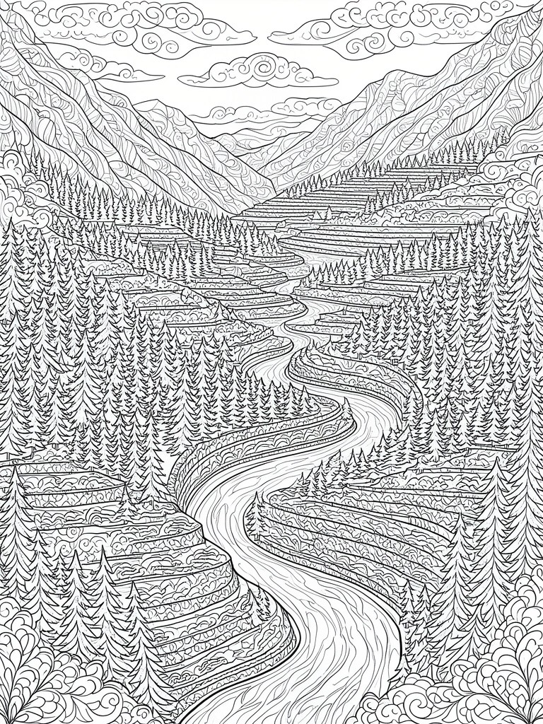 Detailed black-and-white line art of winding river through terraced mountains and forests.