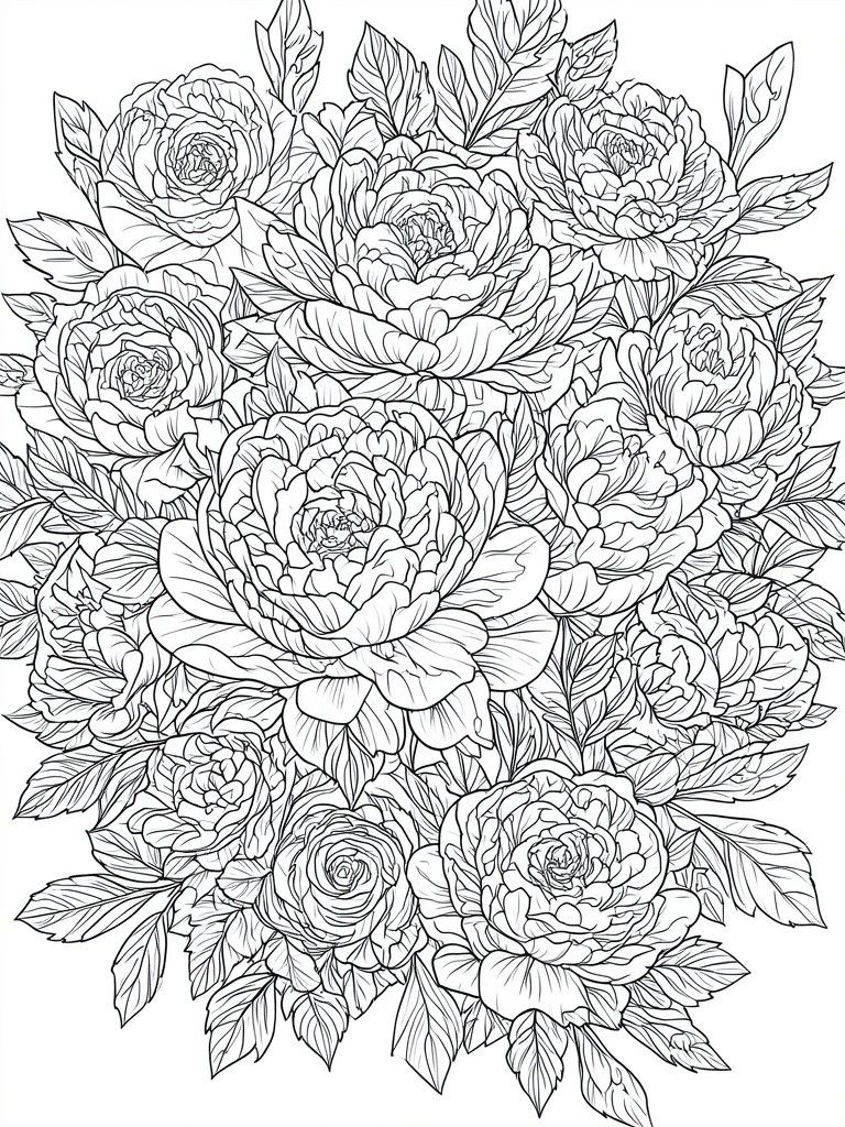 A black and white line drawing of many overlapping peony flowers with detailed petals and leaves filling the page.
