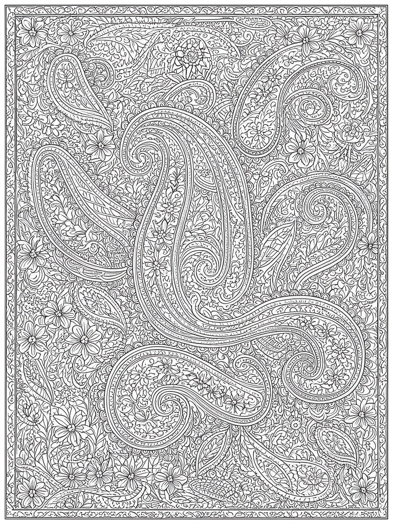 A black and white coloring page filled with overlapping paisley shapes, flowers, and leaves in a dense all-over pattern.