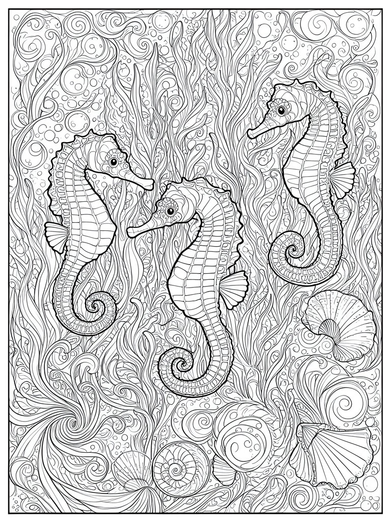 A black and white coloring page shows three seahorses with seaweed, seashells, and swirling patterns filling the space around them.