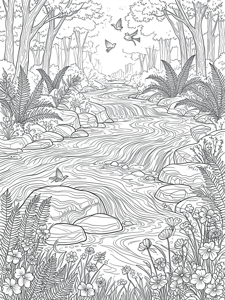 Black and white line drawing of a winding river through a forest filled with trees, rocks, ferns, flowers, and birds.