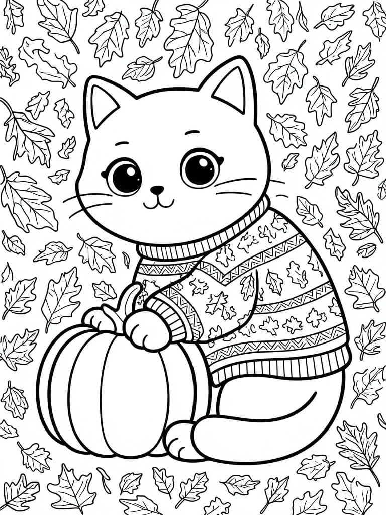 A black and white coloring page shows a cat in a patterned sweater sitting beside a pumpkin with leaves scattered in the background.