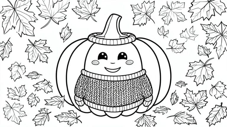 Cartoon pumpkin with smiling face in cozy knitted sweater amid autumn leaves