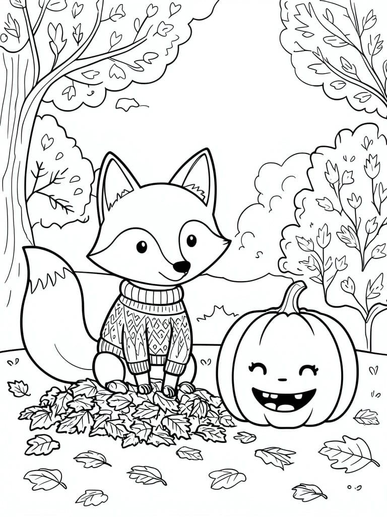 Black and white line drawing of a fox in a sweater sitting next to a smiling jack-o-lantern pumpkin in a pile of leaves with trees behind them.