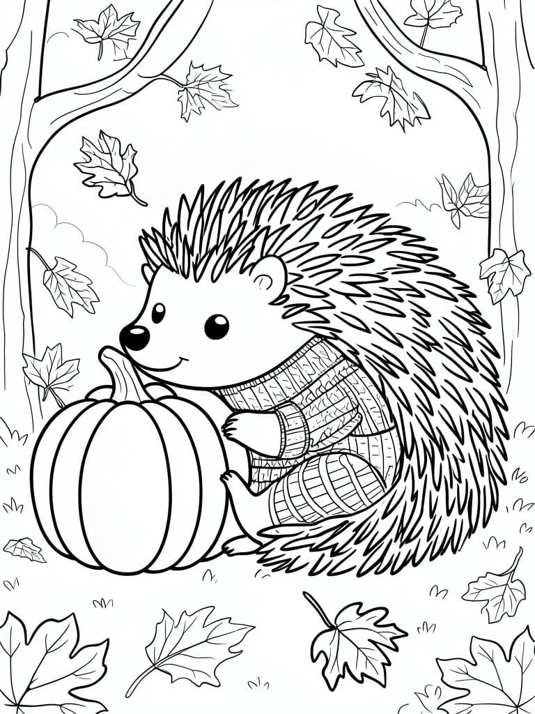 A black and white coloring page shows a hedgehog in a sweater next to a pumpkin with autumn leaves and trees around it.