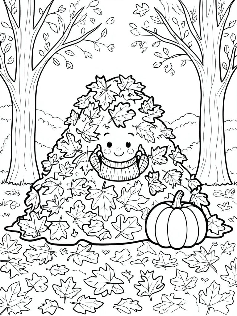 A black and white coloring page features a leaf pile figure with a face and sweater sitting in a forest with trees, scattered leaves, and a pumpkin.