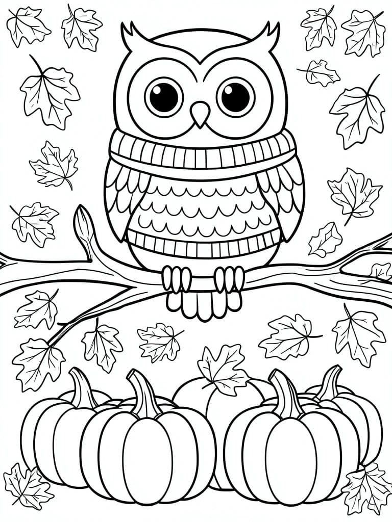 Owl wearing scarf perched on branch above pumpkins amid autumn leaves