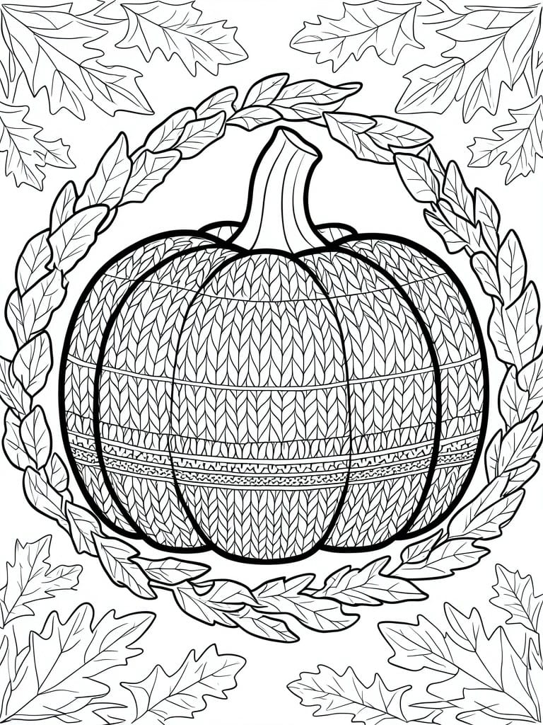 Coloring page featuring a detailed pumpkin encircled by a wreath of autumn leaves.