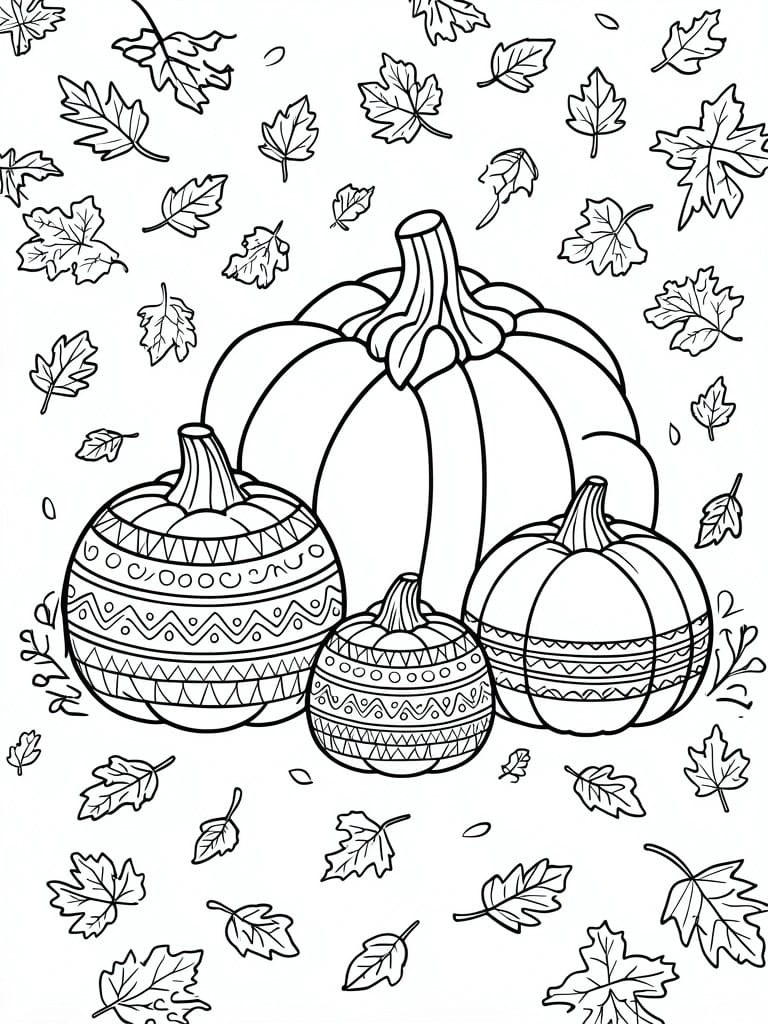 A coloring page shows three pumpkins with geometric patterns surrounded by scattered maple leaves.