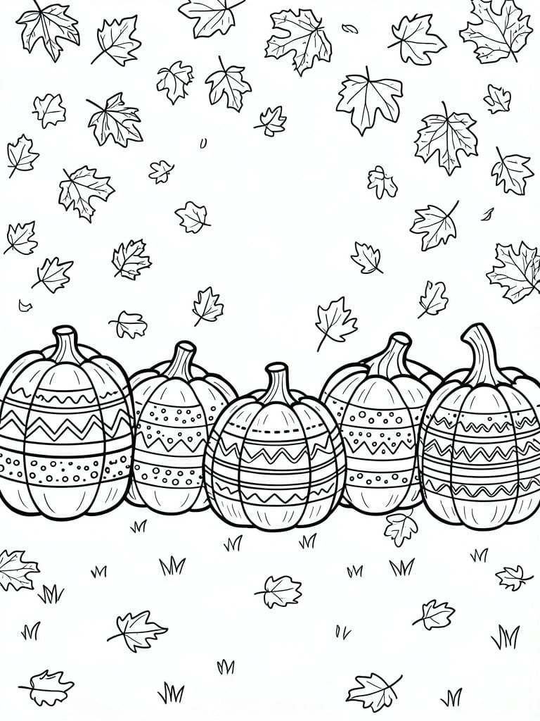 A black and white coloring page shows five pumpkins decorated with patterns and leaves scattered above and below them.
