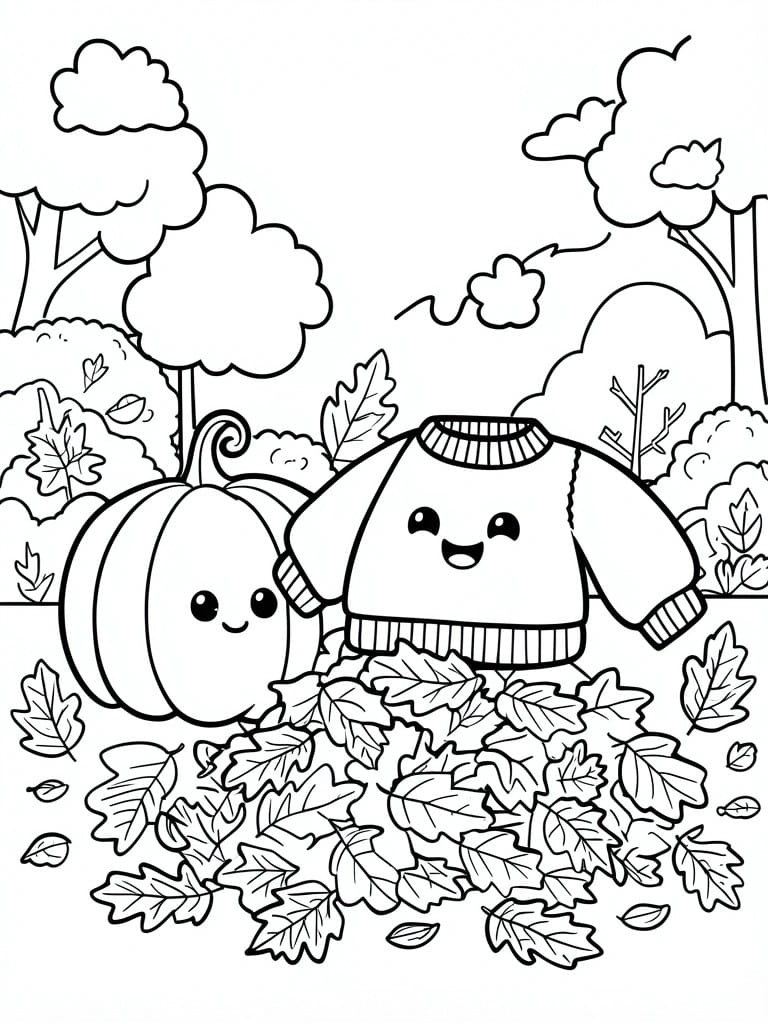A black and white line drawing of a cute faced pumpkin and a smiling sweater sitting together in a pile of autumn leaves with trees in the background.