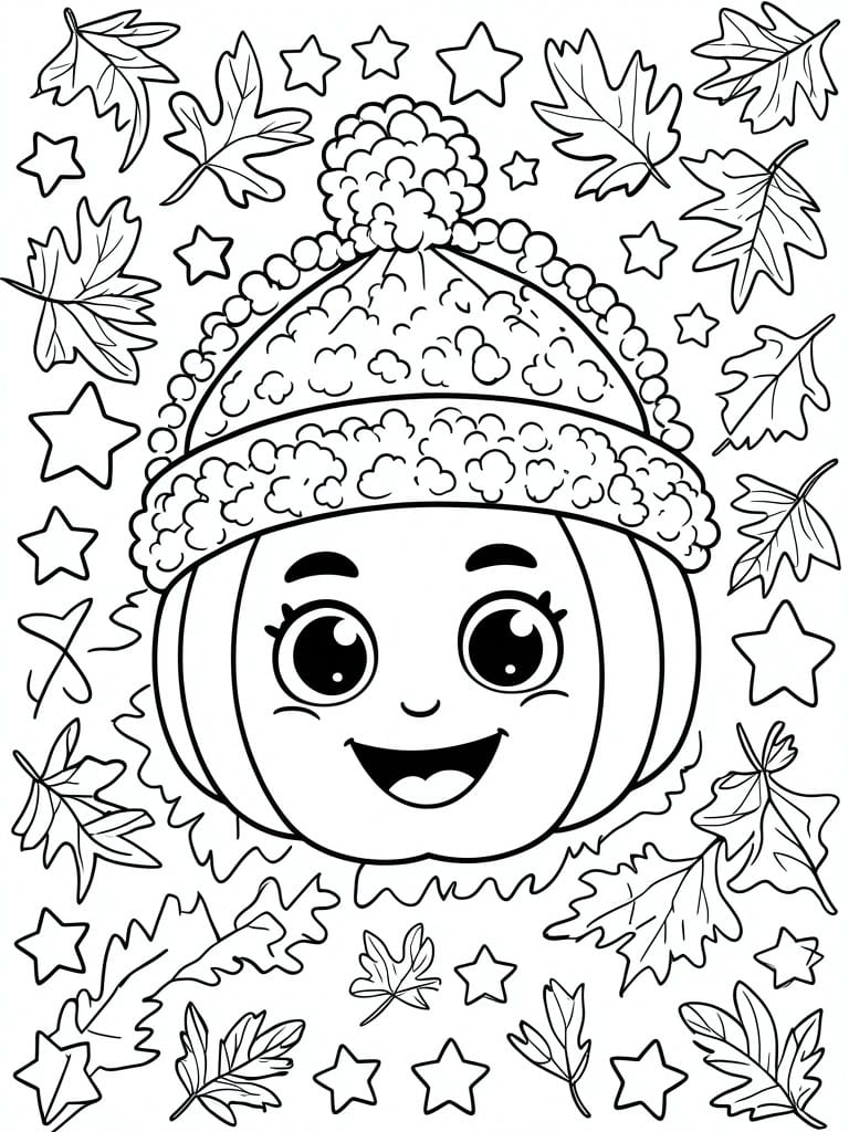 Happy pumpkin in pom-pom hat amid fall leaves and scattered stars coloring page