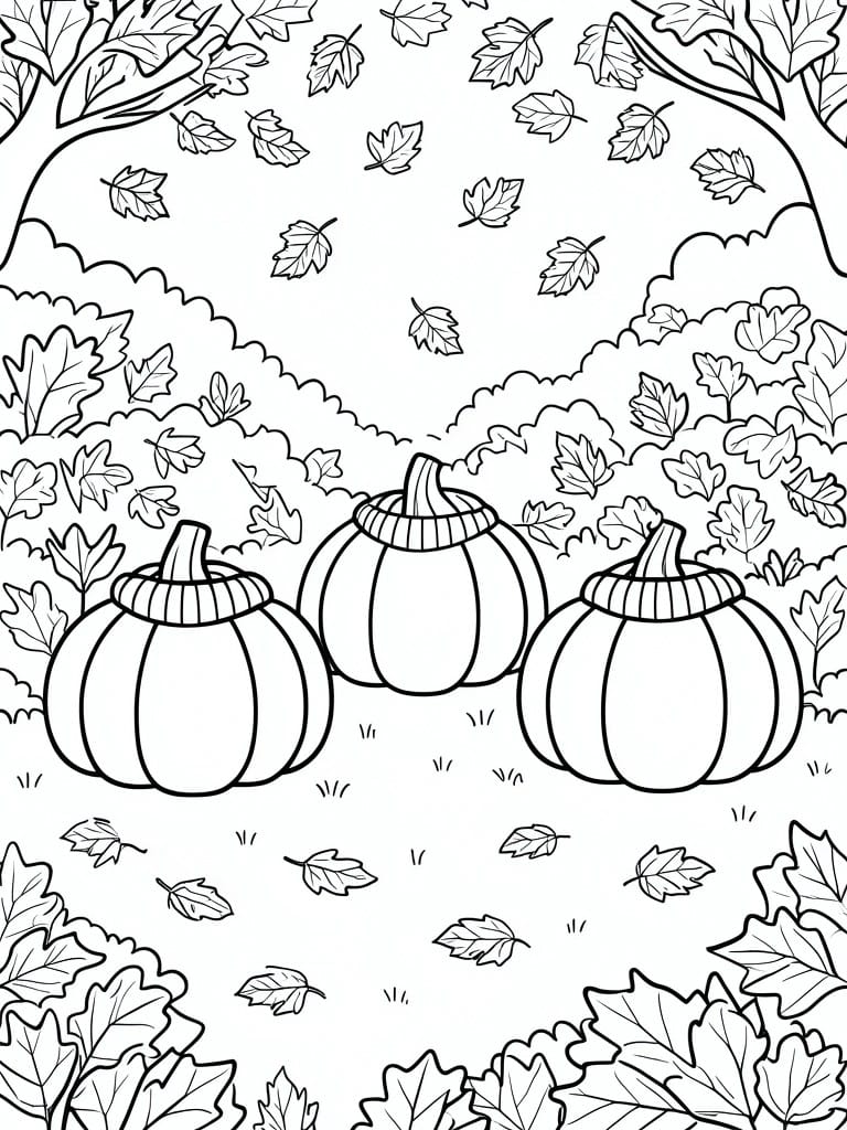 Three pumpkins amid falling leaves, trees and bushes in autumn scene