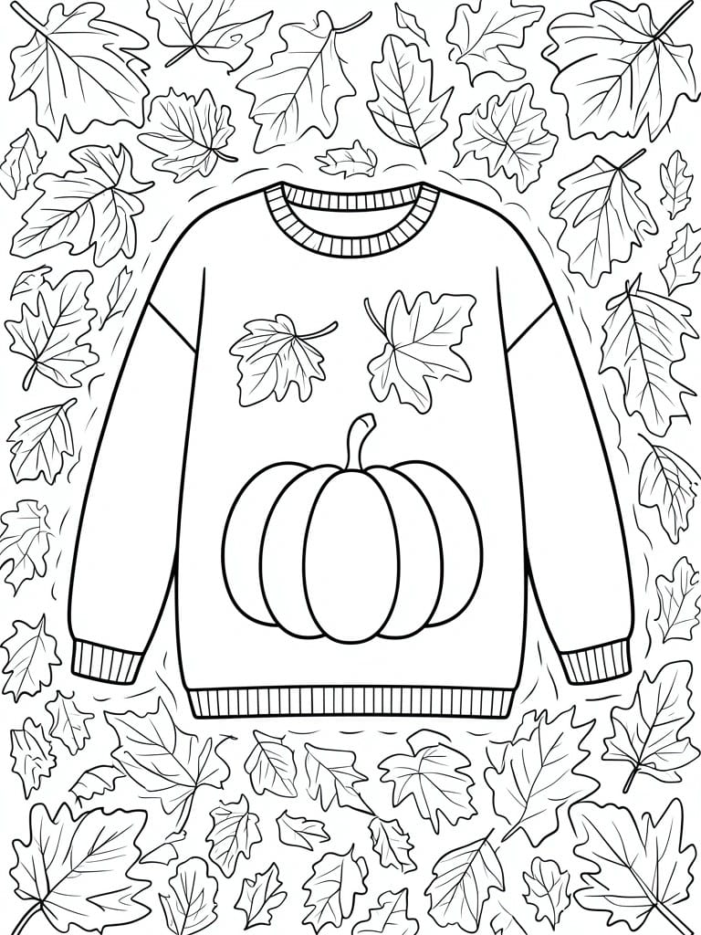 A black and white coloring page shows a sweater with a pumpkin and two leaves on the front, surrounded by many individual leaves.