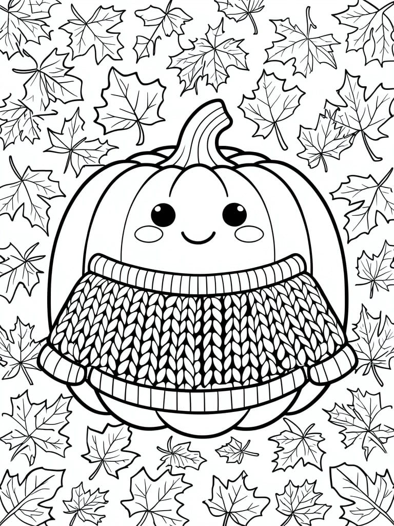 Cartoon pumpkin with smiling face in cozy knitted sweater amid autumn leaves
