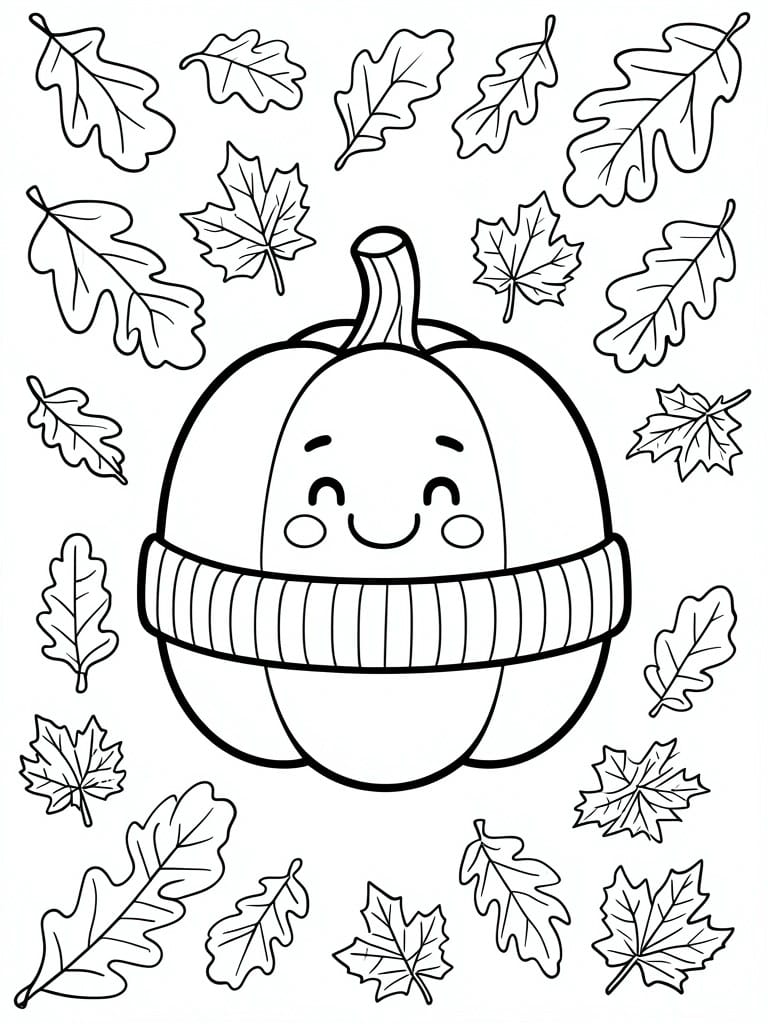 A coloring page shows a cute pumpkin with a face and striped scarf surrounded by scattered fall leaves of various shapes.
