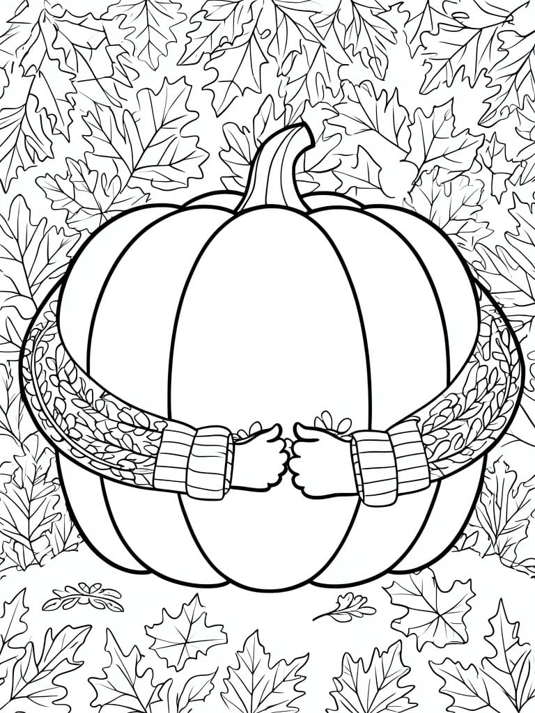 A coloring page shows a pumpkin wrapped in a patterned scarf held by two hands with autumn leaves filling the background.
