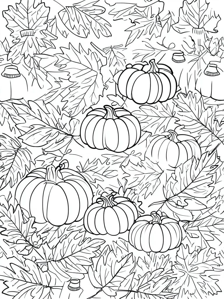 Coloring page of pumpkins nestled among autumn leaves and acorns.