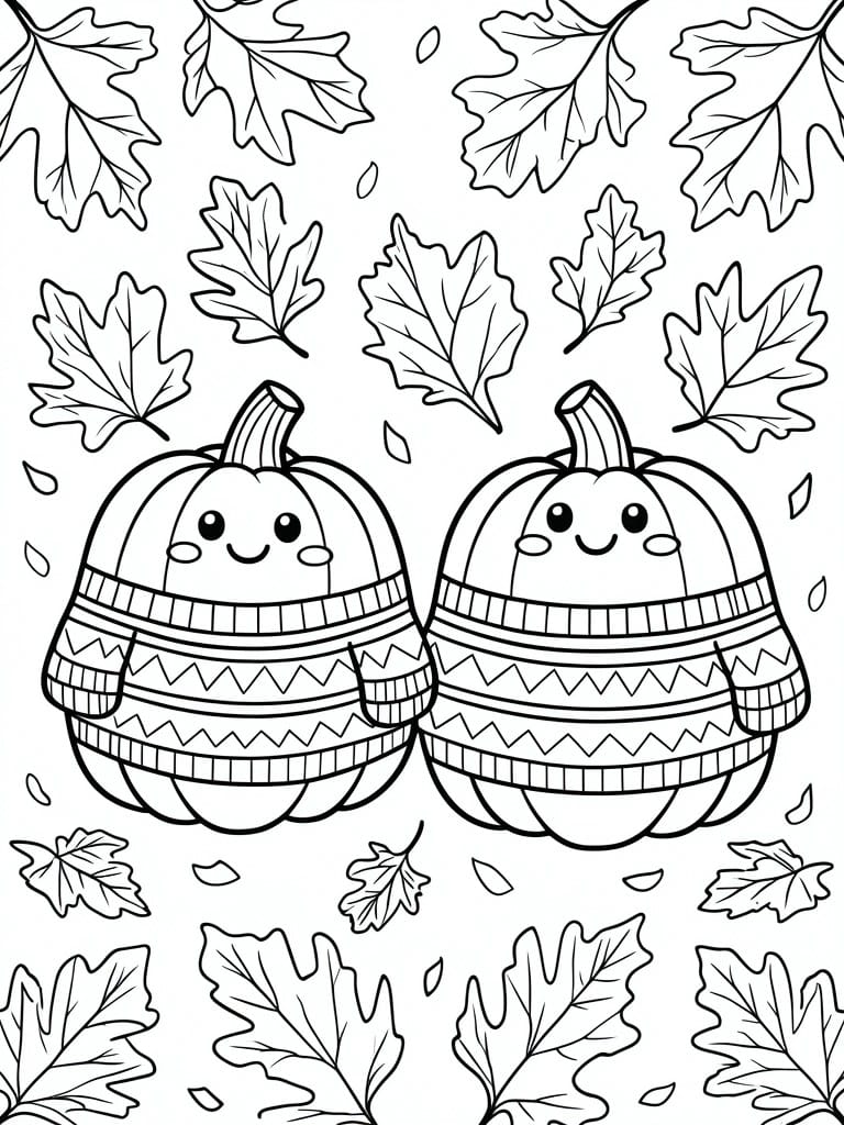 Two cartoon pumpkins in patterned sweaters amid falling autumn leaves coloring page