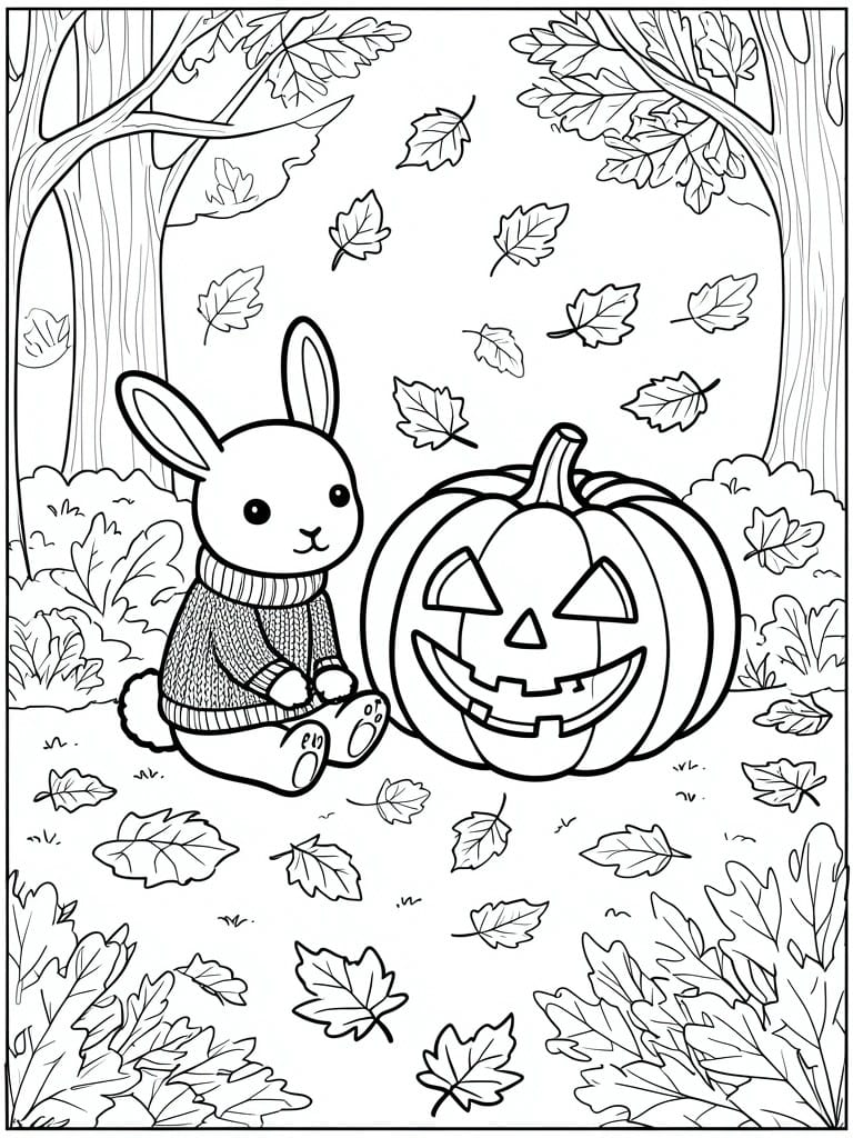 Cartoon bunny in sweater beside jack-o'-lantern amid falling autumn leaves and trees