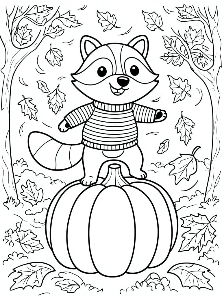 Cute raccoon in striped sweater atop pumpkin amid falling autumn leaves and trees.